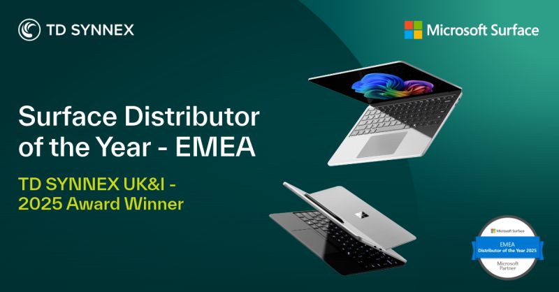 TD SYNNEX named Microsoft's Surface Distributor of the Year – EMEA at the 2025 Microsoft Surface Partner Awards.