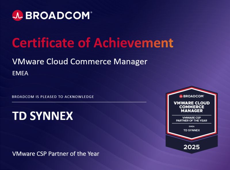 TD SYNNEX is recognized as the 2025 EMEA Cloud Commerce Manager winner from VMware by Broadcom.